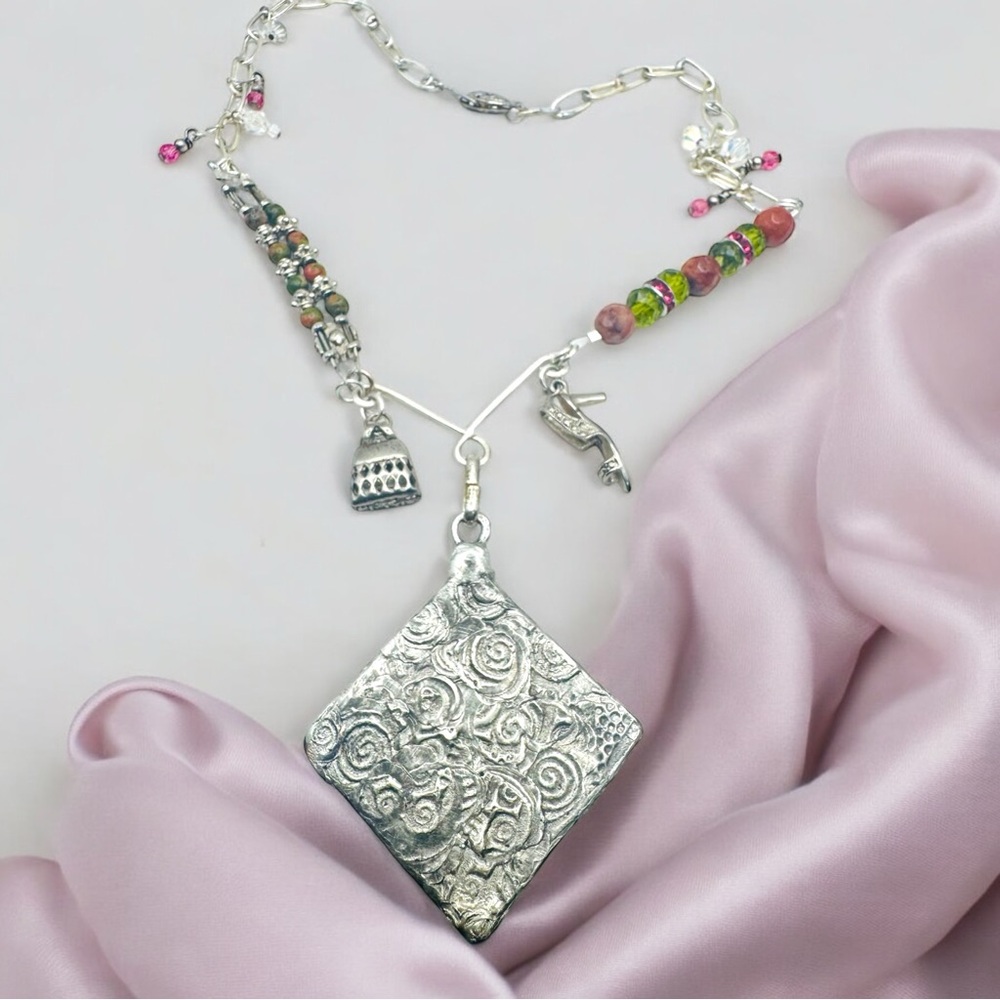 Handcrafted Silver & Glass Pendant with Unakite & Pink Jasper Silver Necklace - Picture 13 of 17